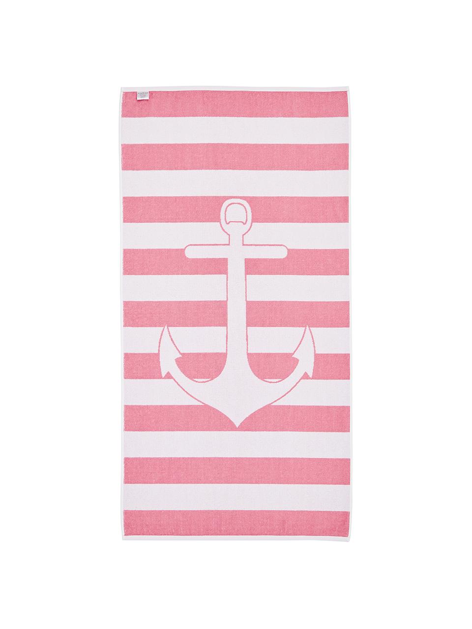 Gestreiftes Strandtuch Anon mit Anker-Motiv, 100% Baumwolle
leichte Qualität 380 g/m², Pink, Weiß, 80 x 160 cm