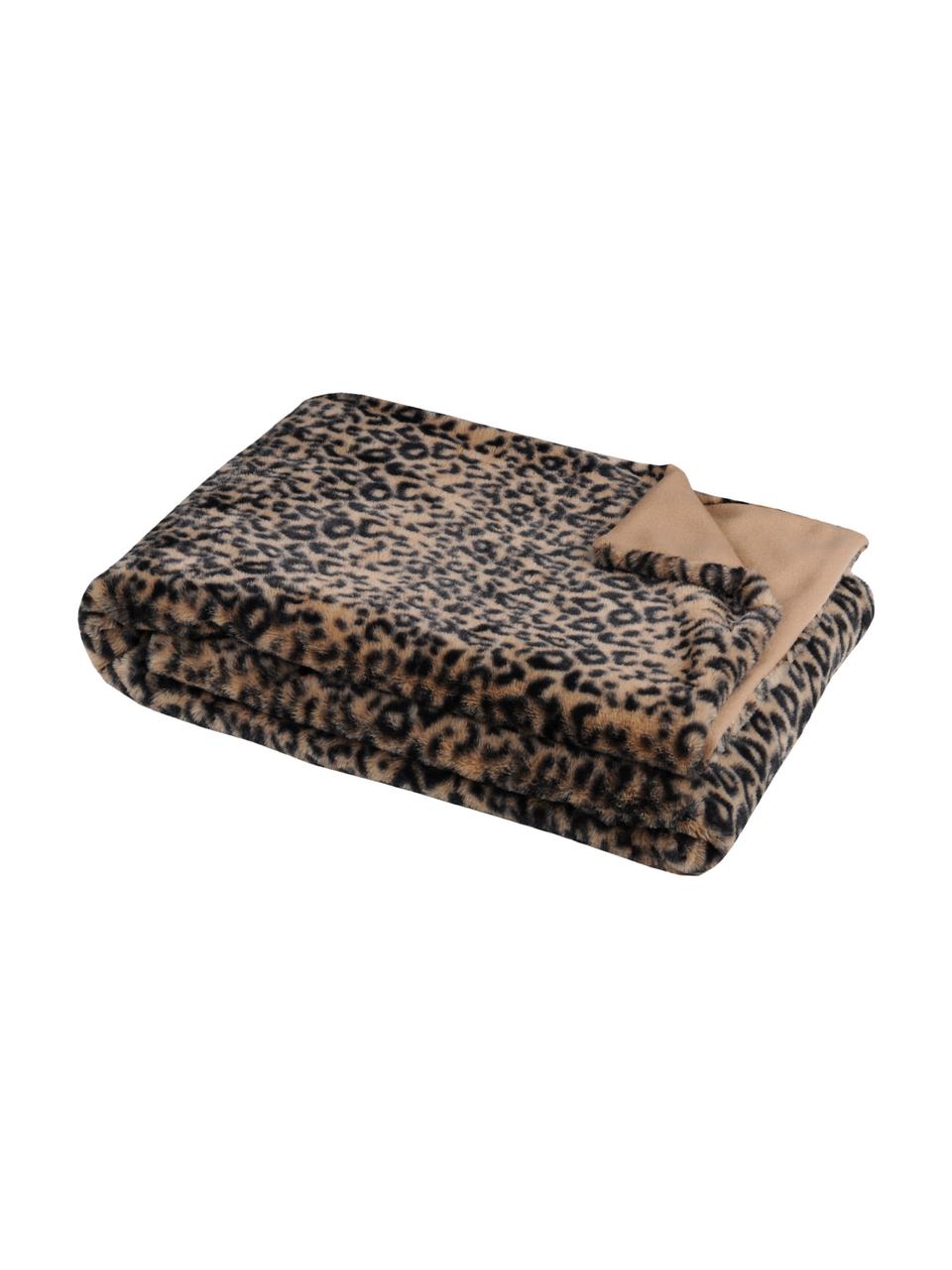 Plaid Jangal met luipaardprint, 100% polyester, Beige, zwart, 130 x 160 cm