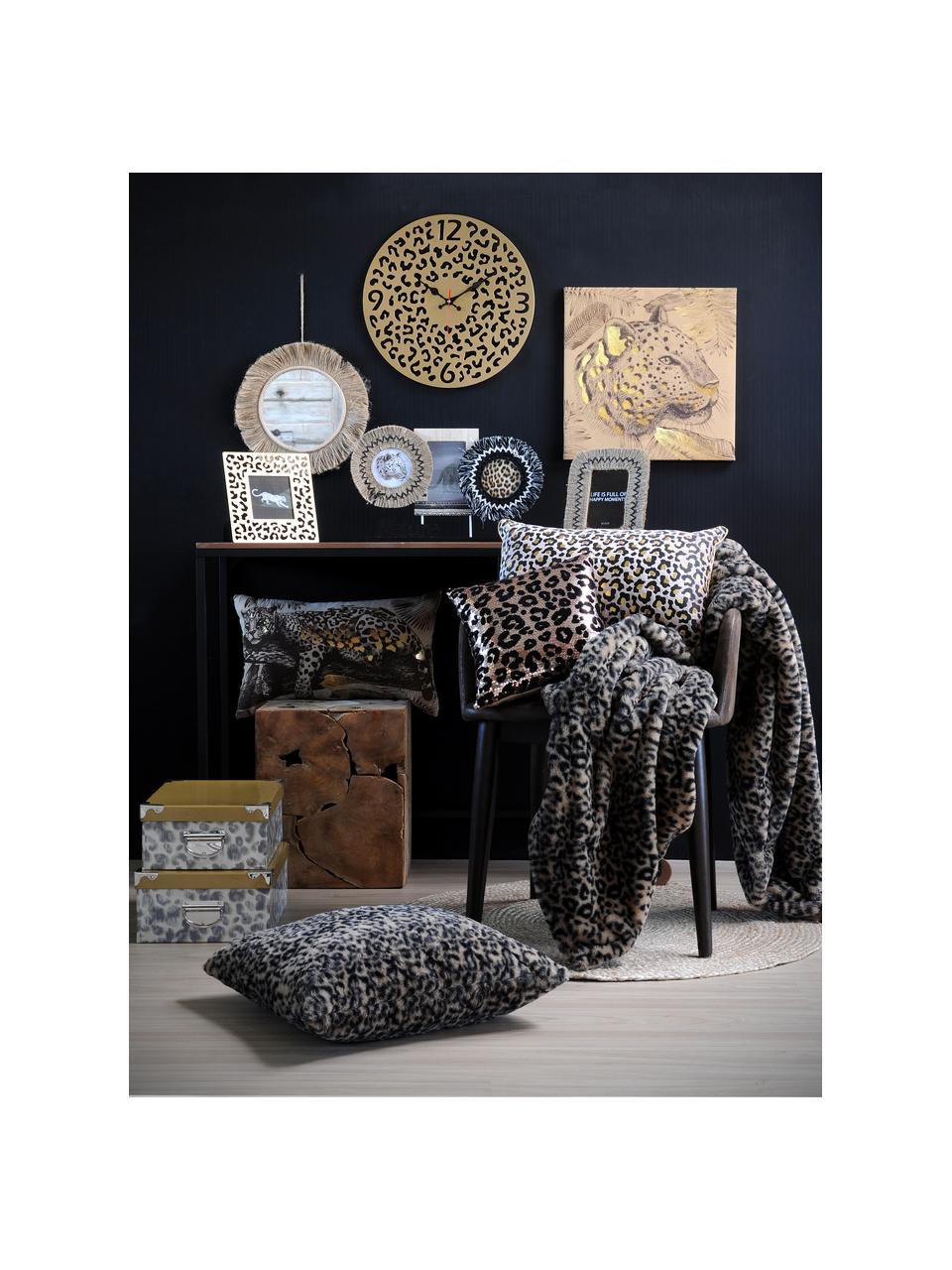 Plaid Jangal met luipaardprint, 100% polyester, Beige, zwart, 130 x 160 cm
