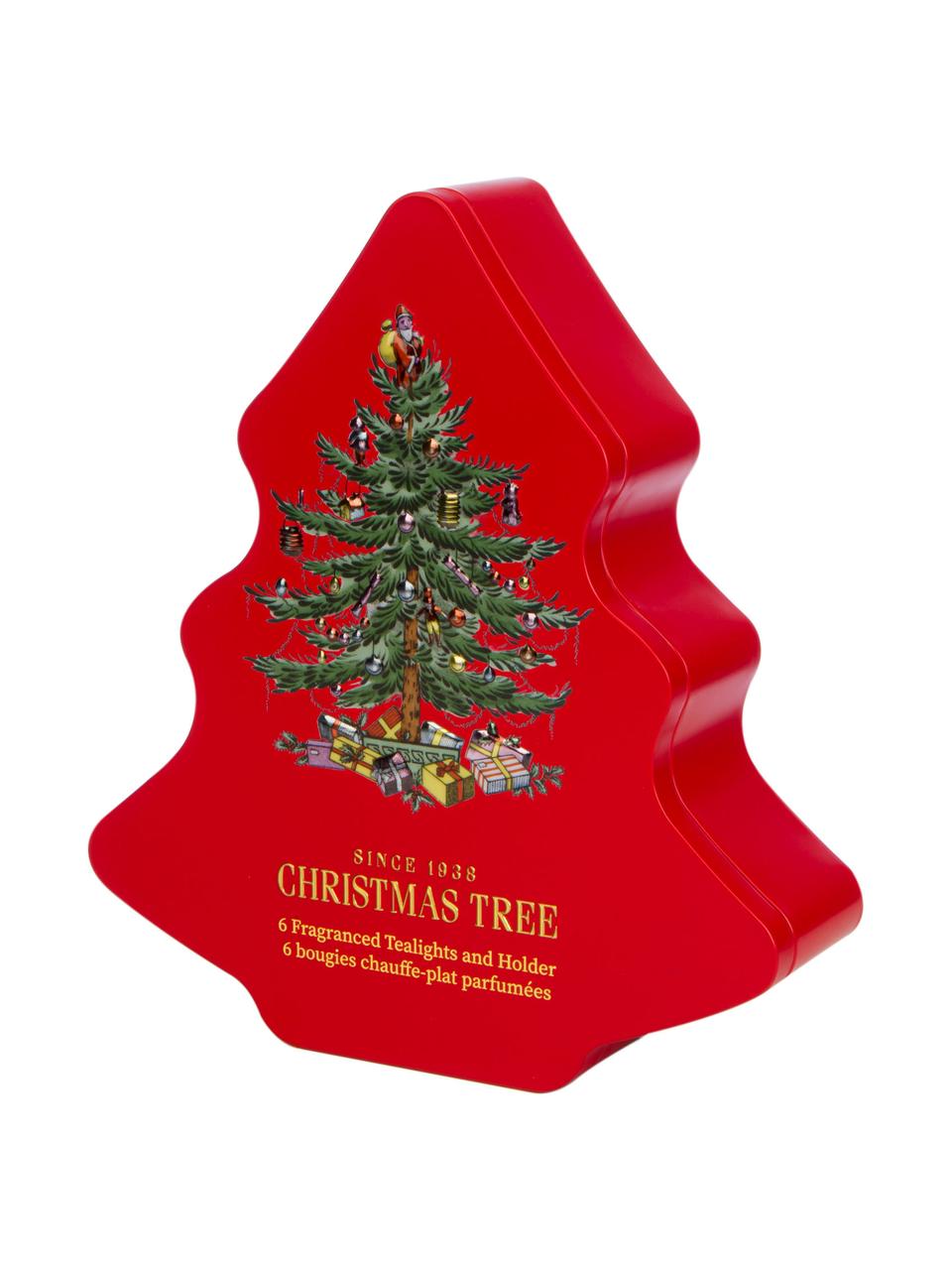 Komplet świecznika i tealightów z metalowym pojemnikiem Xmass Tree (igły świerkowe, drewno cedrowe, pomarańcza), 8 elem., Czerwony, S 20 x W 23 cm