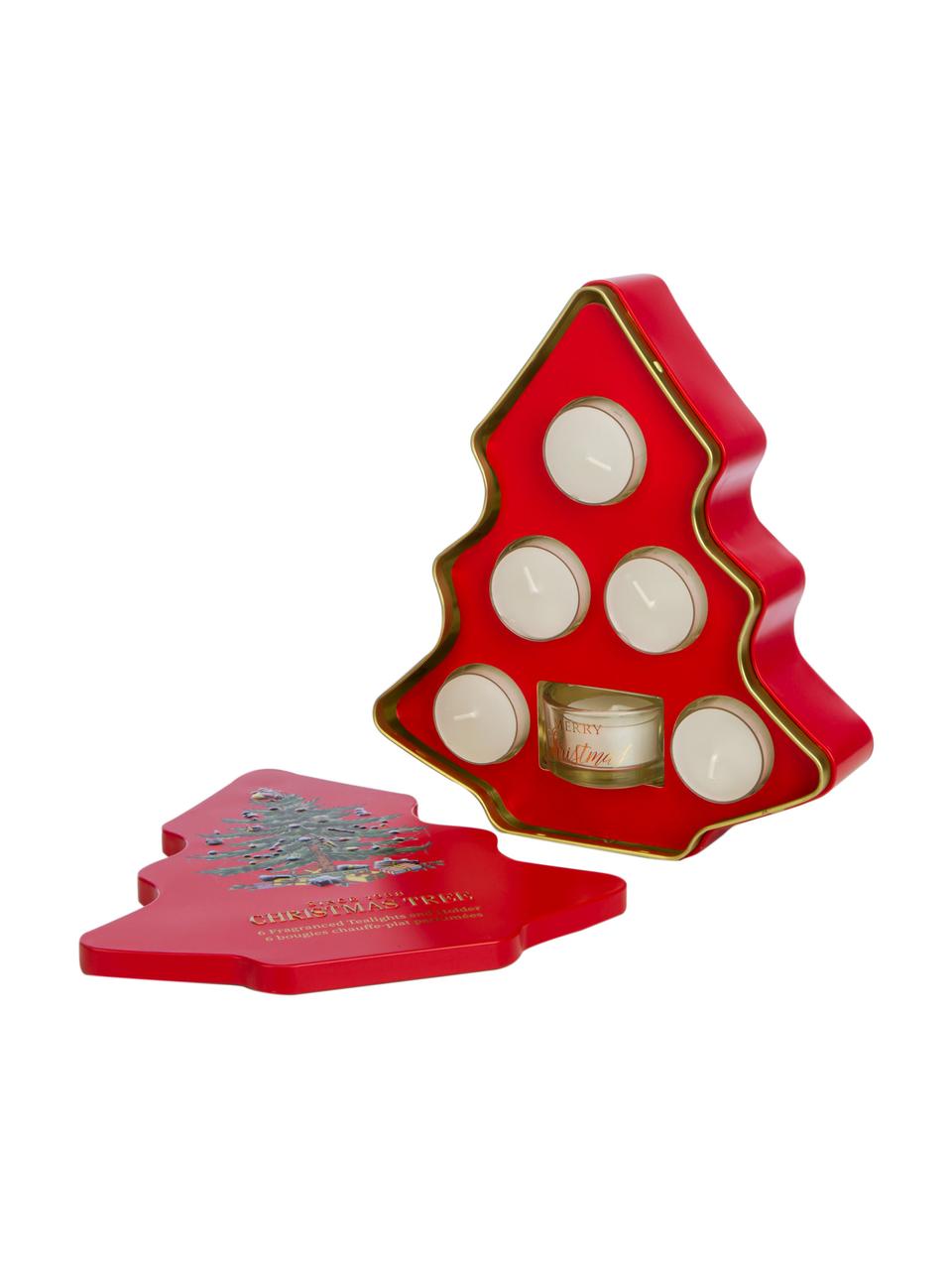 Set portalumini con scatola di metallo Xmas Tree (aghi di abete, legno di cedro. arancia), 8 pz, Scatola: metallo, Contenitore: vetro, Rosso, Larg. 20 x Alt. 23 cm