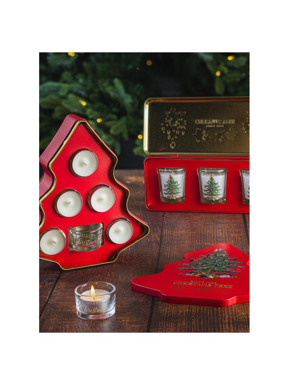 Waxinelichthoudersset Xmas Tree met metalen doos (dennennaalden, cederhout, appelsien), 8-delig, Doos: metaal, Houder: glas, Rood, B 20 x H 23 cm