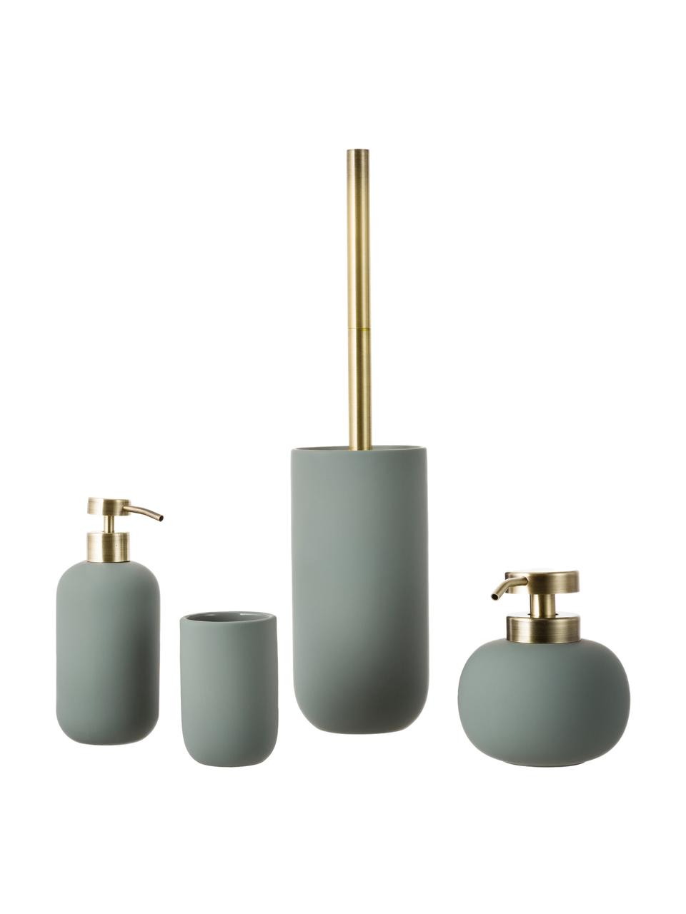 Keramik-Seifenspender Lotus, Behälter: Keramik, Pumpkopf: Metall, Grün, Messingfarben, Ø 11 x H 13 cm