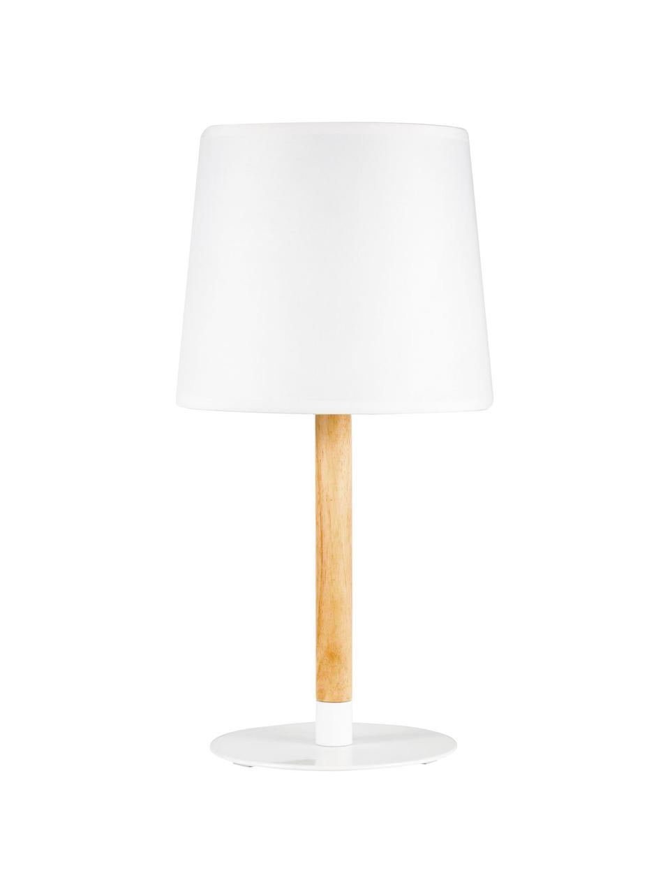 Tafellamp Woody Cuddles met houten voet, Lampenkap: stof, Lampvoet: gecoat metaal, Stang: hout, Wit, helder hout, Ø 22 x H 44 cm