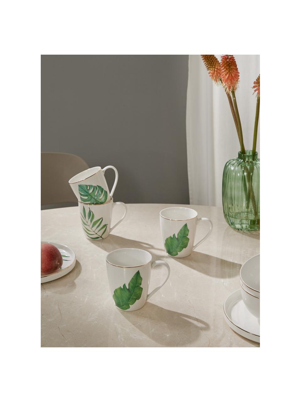 Fine Bone China Tassen Timba mit tropischem Design, 4er-Set, Fine Bone China (Porzellan)
Fine Bone China ist ein Weichporzellan, das sich besonders durch seinen strahlenden, durchscheinenden Glanz auszeichnet., Weiß, Grün mit Goldrand, Ø 9 x 10 cm, 350 ml