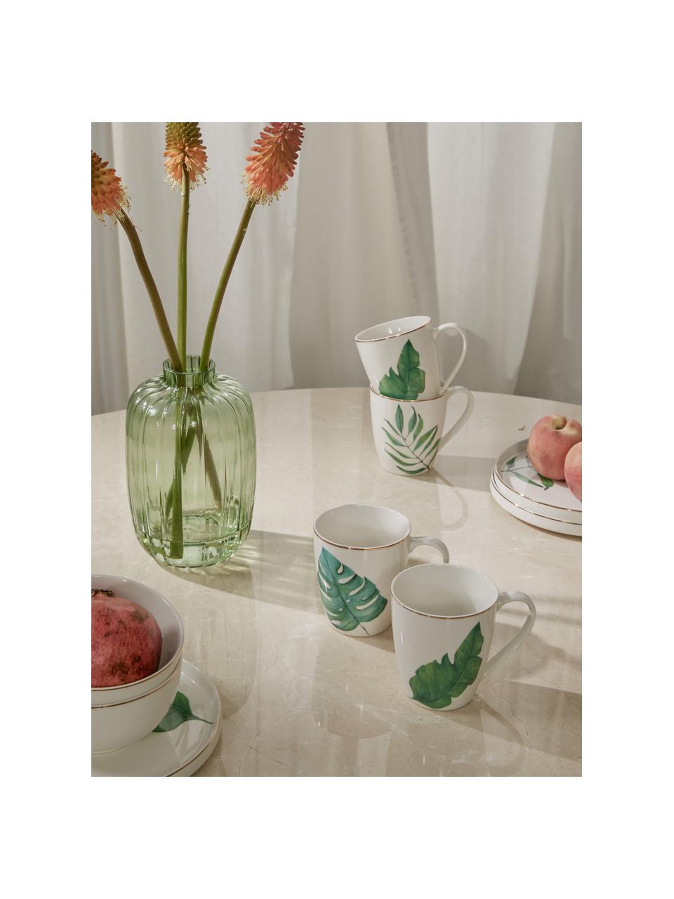 Set 4 tazze in Fine Bone China con motivo tropicale Timba, Fine Bone China (porcellana)
Fine bone china è una porcellana a pasta morbida che si caratterizza per la sua particolare lucentezza radiosa e traslucida, Bianco, verde, dorato, Ø 9 x 10 cm, 350 ml