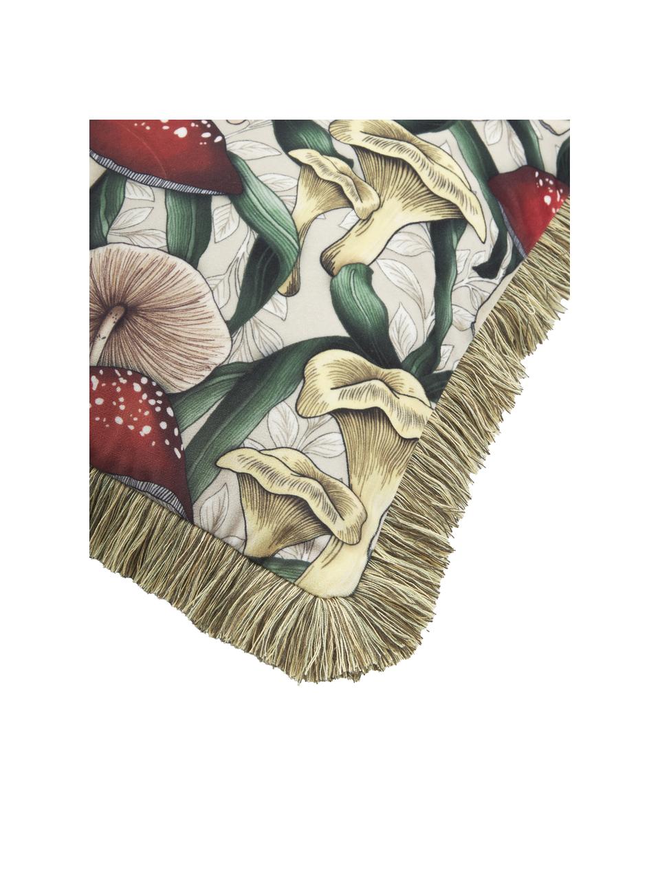 Fluwelen kussenhoes Devas met paddestoelmotief en franjes, Franjes: 100% katoen, Beige, groen, rood, B 45 x L 45 cm