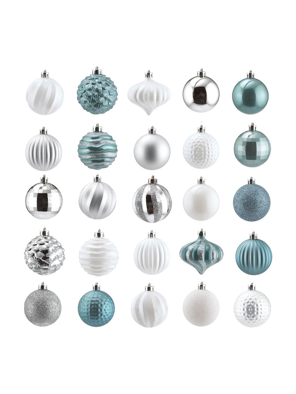 Set de bolas de Navidad Turnip, Ø 7 cm, 60 uds., Blanco, plata, turquesa, Ø 7 cm