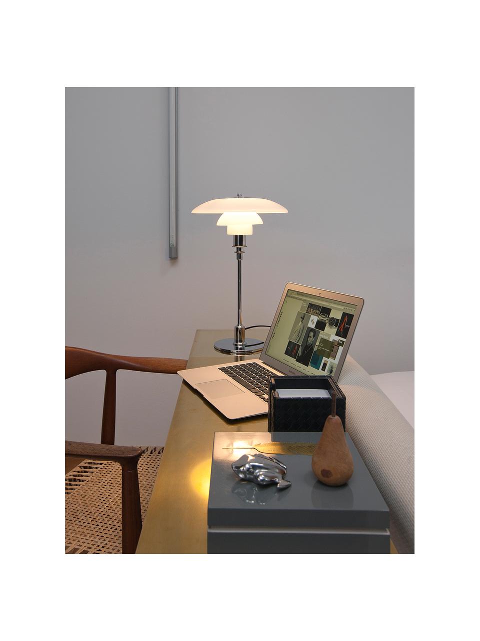 Lampa stołowa ze szkła dmuchanego PH 3/2, Stelaż: mosiądz chromowany, Odcienie srebrnego, biały, Ø 29 x W 47 cm