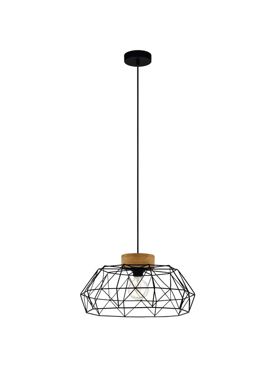 Hanglamp Padstow met houten decoratie, Lampenkap: gecoat staal, Decoratie: hout, Baldakijn: gecoat staal, Zwart, Ø 46 x H 110 cm