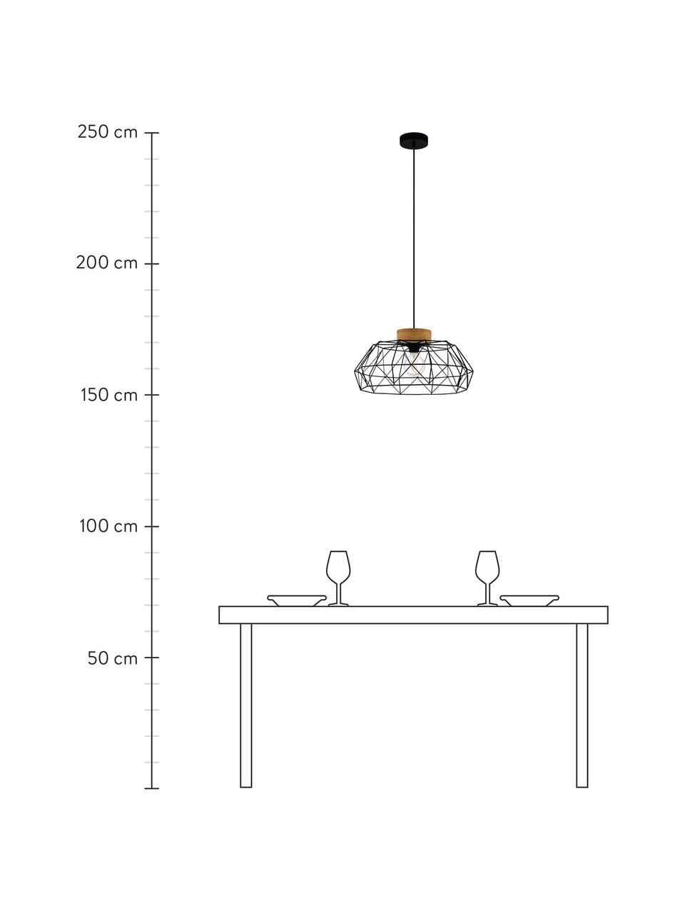 Hanglamp Padstow met houten decoratie, Lampenkap: gecoat staal, Decoratie: hout, Baldakijn: gecoat staal, Zwart, Ø 46 x H 110 cm