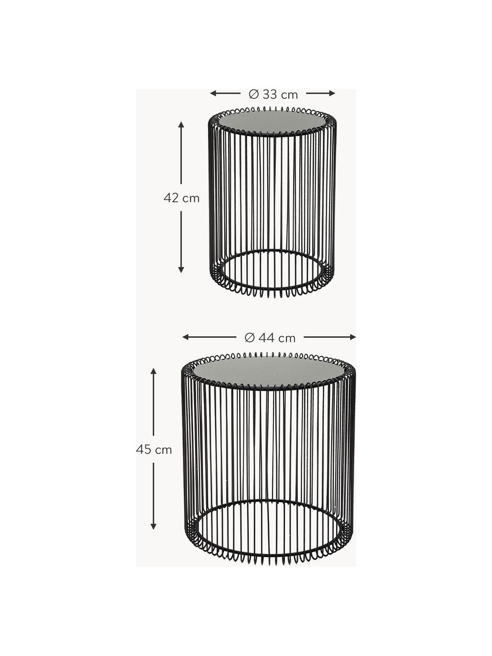 Metalen bijzettafels Wire met glazen blad, set van 2, Frame: gepoedercoat metaal, Tafelblad: veiligheidsglas, in folie, Zwart, spiegelglas zwart getint, Set met verschillende formaten