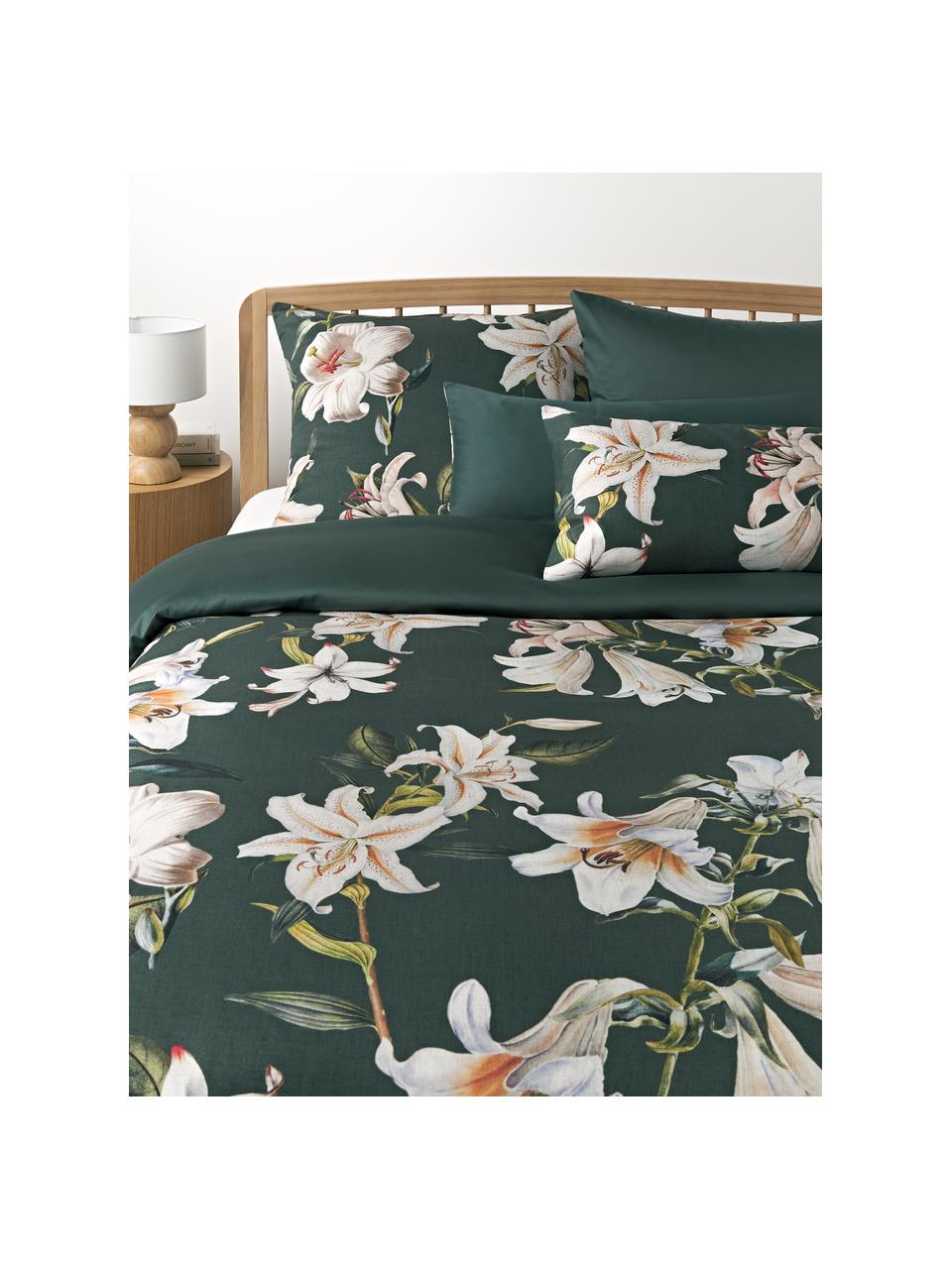 Taie d'oreiller en satin de coton avec imprimé floral Flori, Vert foncé, beige, larg. 50 x long. 70 cm