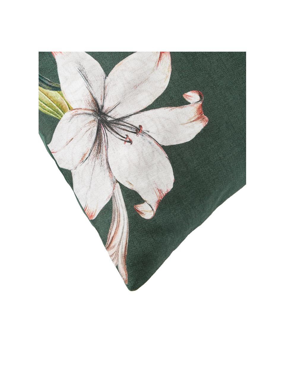 Taie d'oreiller en satin de coton avec imprimé floral Flori, Vert foncé, beige, larg. 50 x long. 70 cm
