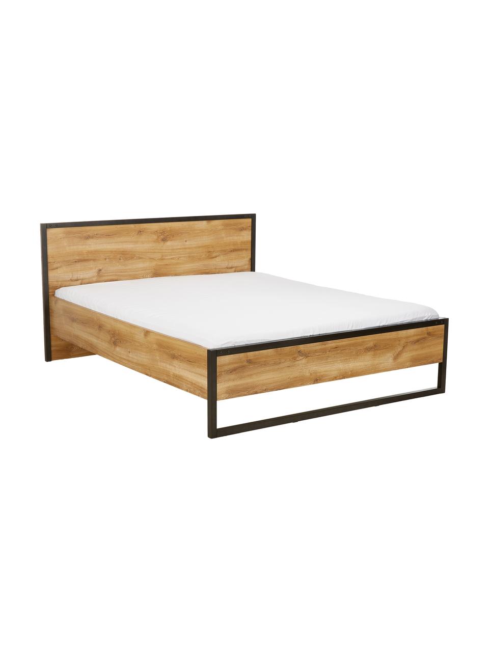 Houten bed Detroit in industrial design, Frame: MDF, Poten: gepoedercoat metaal, Eikenhoutkleurig, 160 x 200 cm