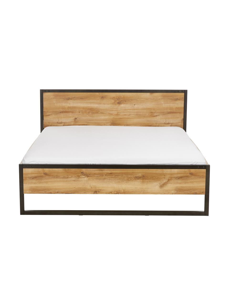 Houten bed Detroit in industrial design, Frame: MDF, Poten: gepoedercoat metaal, Eikenhoutkleurig, 160 x 200 cm