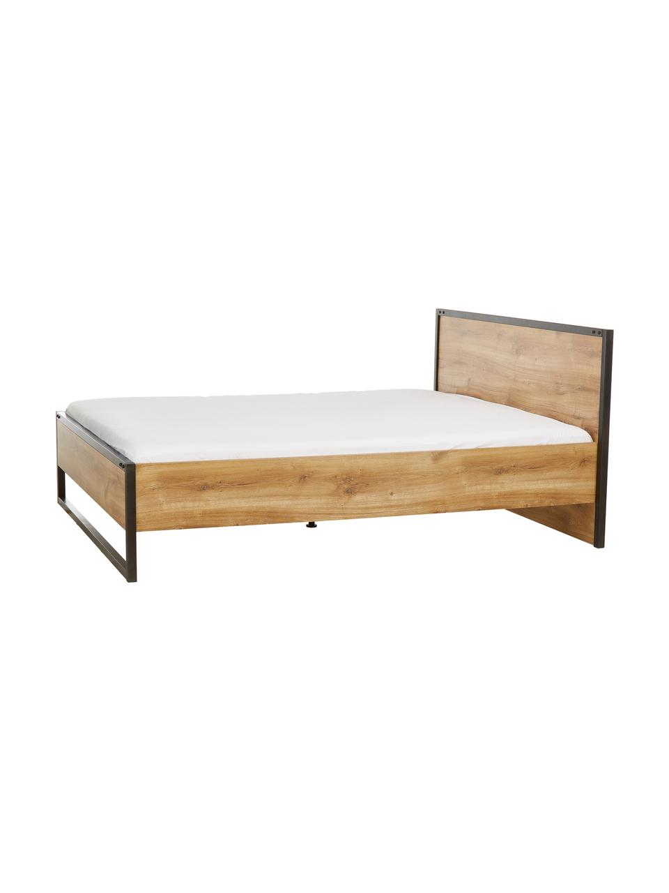 Cama de madera Design, estilo industrial, Estructura: tablero de fibras de dens, Patas: metal con pintura en polv, Roble, 160 x 200 cm