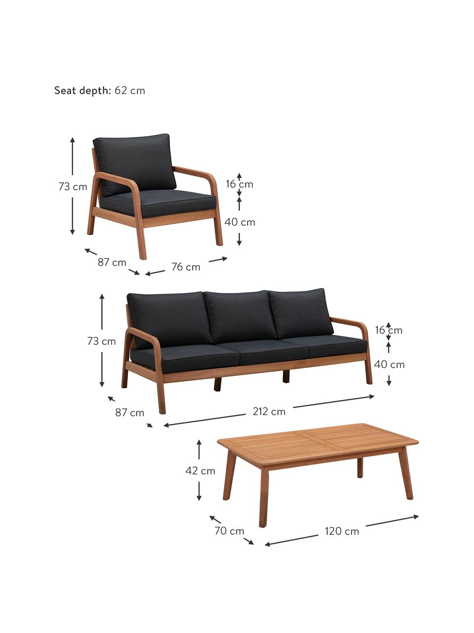 Zahradní sedací souprava z akáciového dřeva Bergen, 4 díly, Černá, eukalyptové dřevo, Š 212 cm, H 77 cm