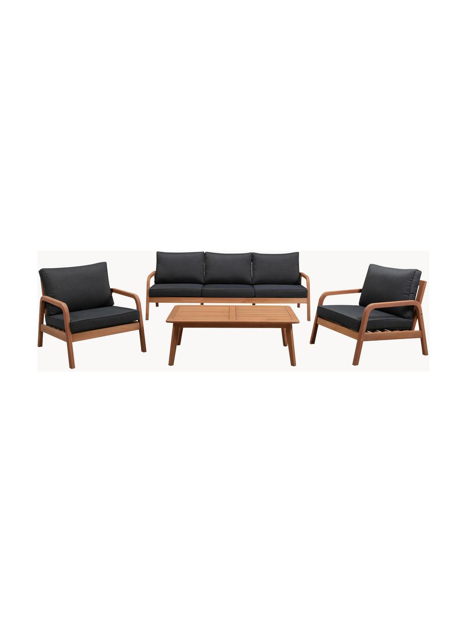 Set lounge para exterior de madera de eucalipto Bergen, 4 pzas., Tapizado: 100% poliéster (resistent, Estructura: madera maciza de eucalipt, Negro, madera de eucalipto, An 212 x F 77 cm