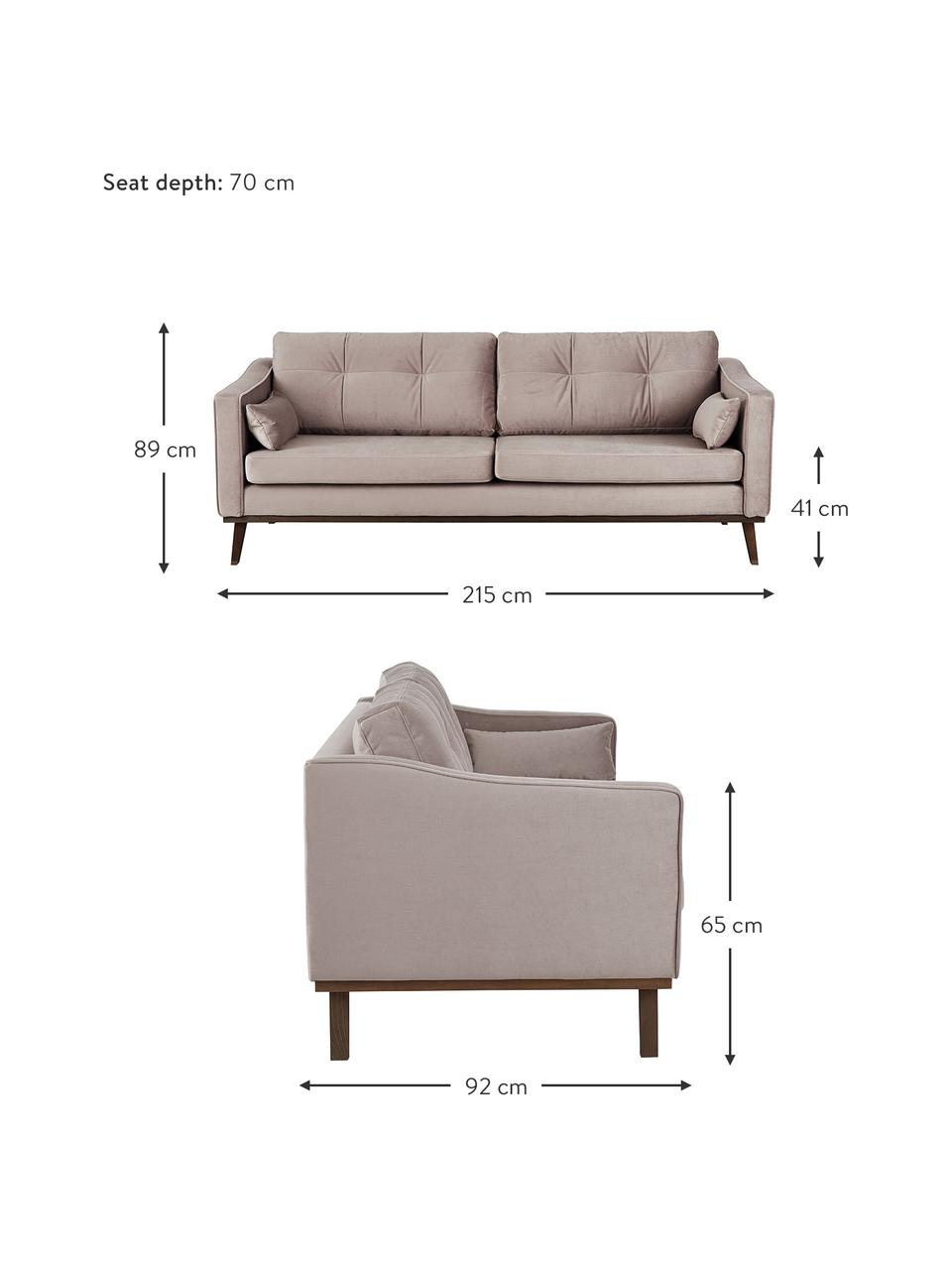 Divano 3 posti in velluto taupe Alva, Rivestimento: velluto (copertura in pol, Struttura: legno di pino massiccio, Piedini: legno massello di faggio,, Velluto taupe, Larg. 215 x Prof 92 cm