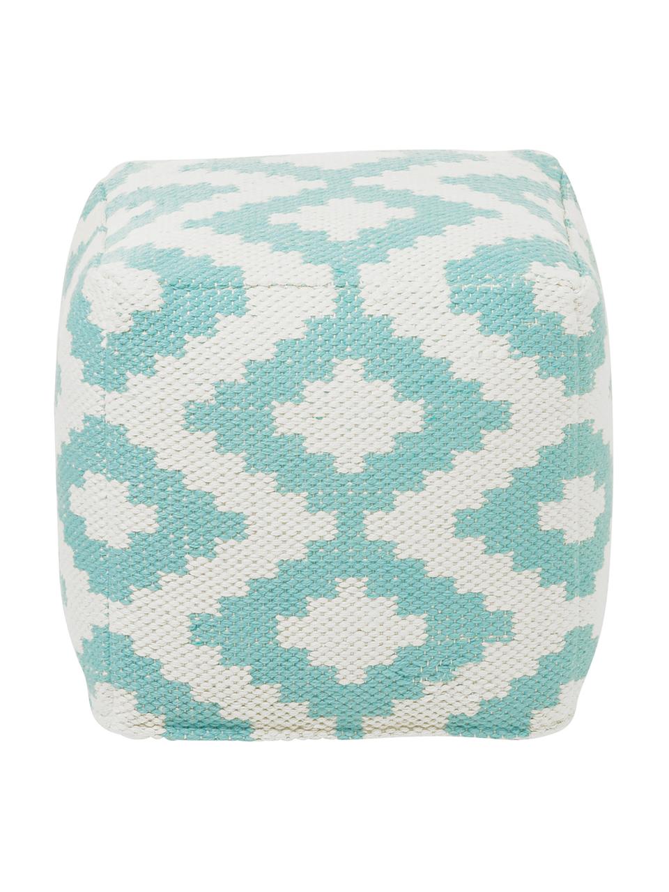 Handgewebter Pouf Napua mit Ethno-Muster, Bezug: 100% recyceltes Polyester, Türkis, Ecru, B 40 x H 40 cm