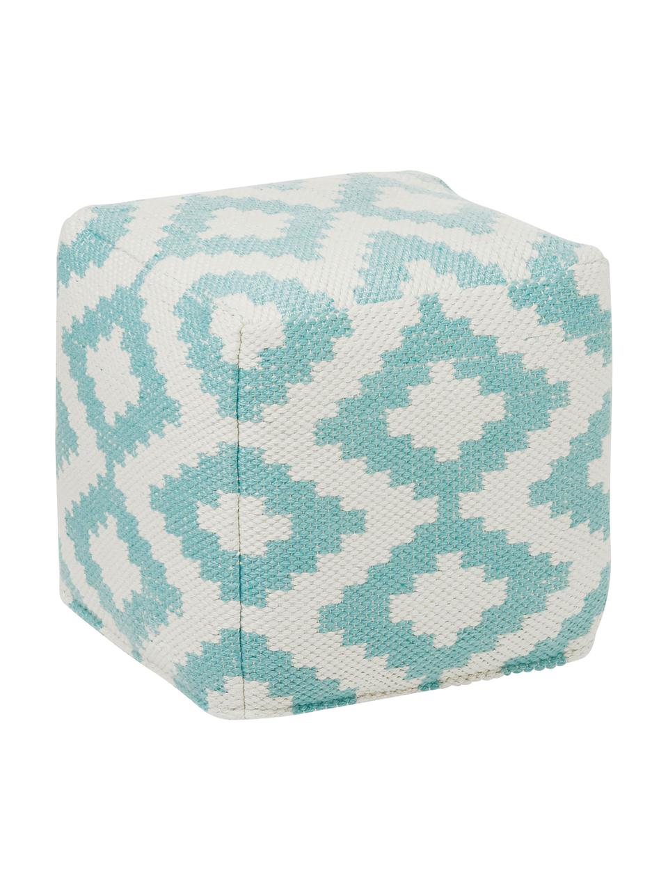 Handgewebter Pouf Napua mit Ethno-Muster, Bezug: 100% recyceltes Polyester, Türkis, Ecru, B 40 x H 40 cm