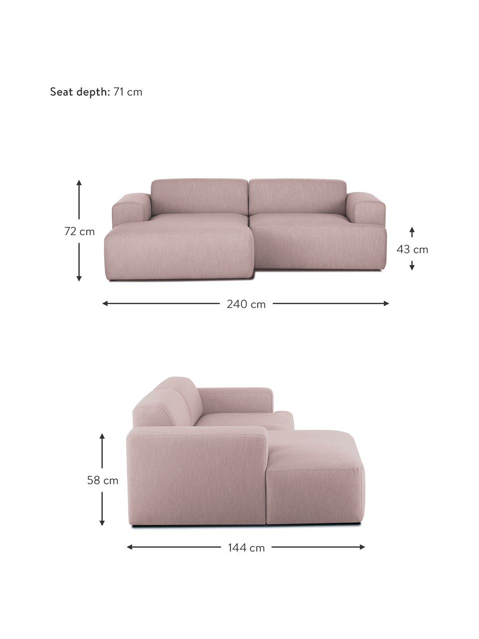 Ecksofa Melva (3-Sitzer) in Rosa, Bezug: Polyester Der hochwertige, Gestell: Massives Kiefernholz, Spa, Füße: Kiefernholz Die Füße befi, Webstoff Rosa, B 240 x T 144 cm