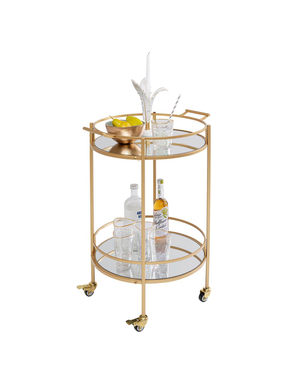Kulatý kovový barový vozík Emilia, Zlatá, zrcadlové sklo, Š 57 cm, V 78 cm