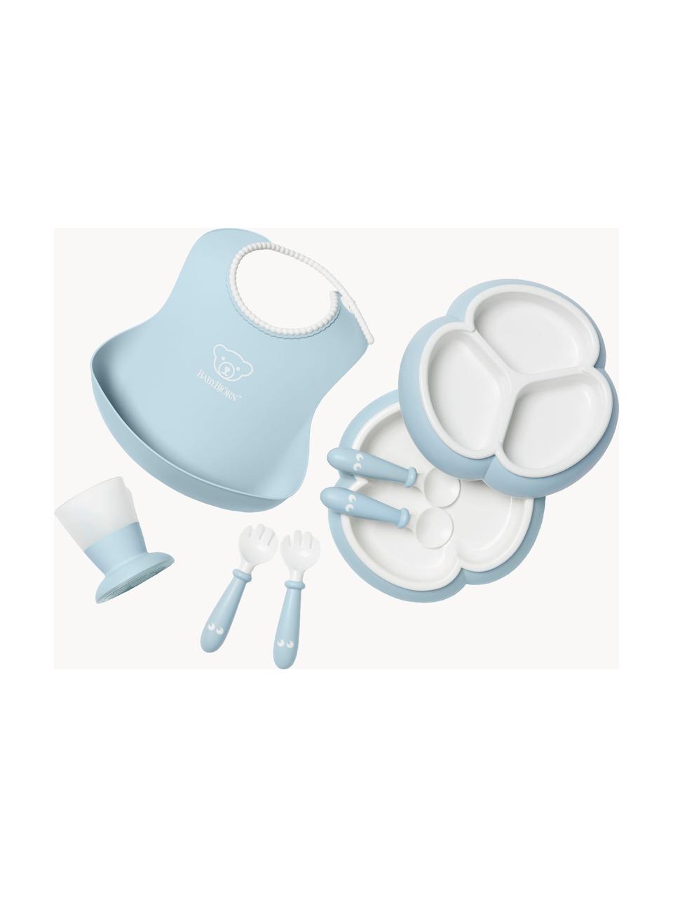 Set di 8 stoviglie per bambini con bavaglino Bliss, Plastica, Azzurro, bianco, Larg. 17 x Alt. 13 cm