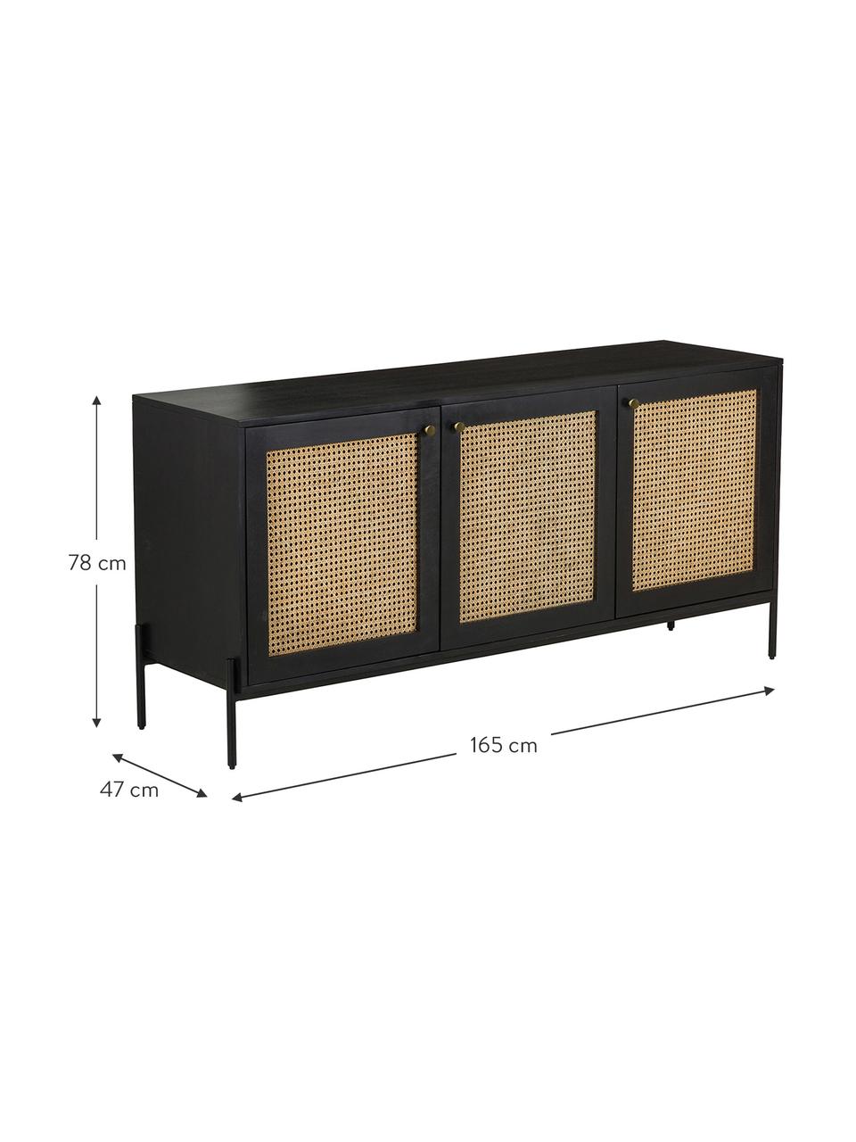 Aparador con tejido vienés Vienna, Estructura: madera de mango maciza pi, Patas: metal con pintura en polv, Madera de mango, negro, An 165 x Al 78 cm