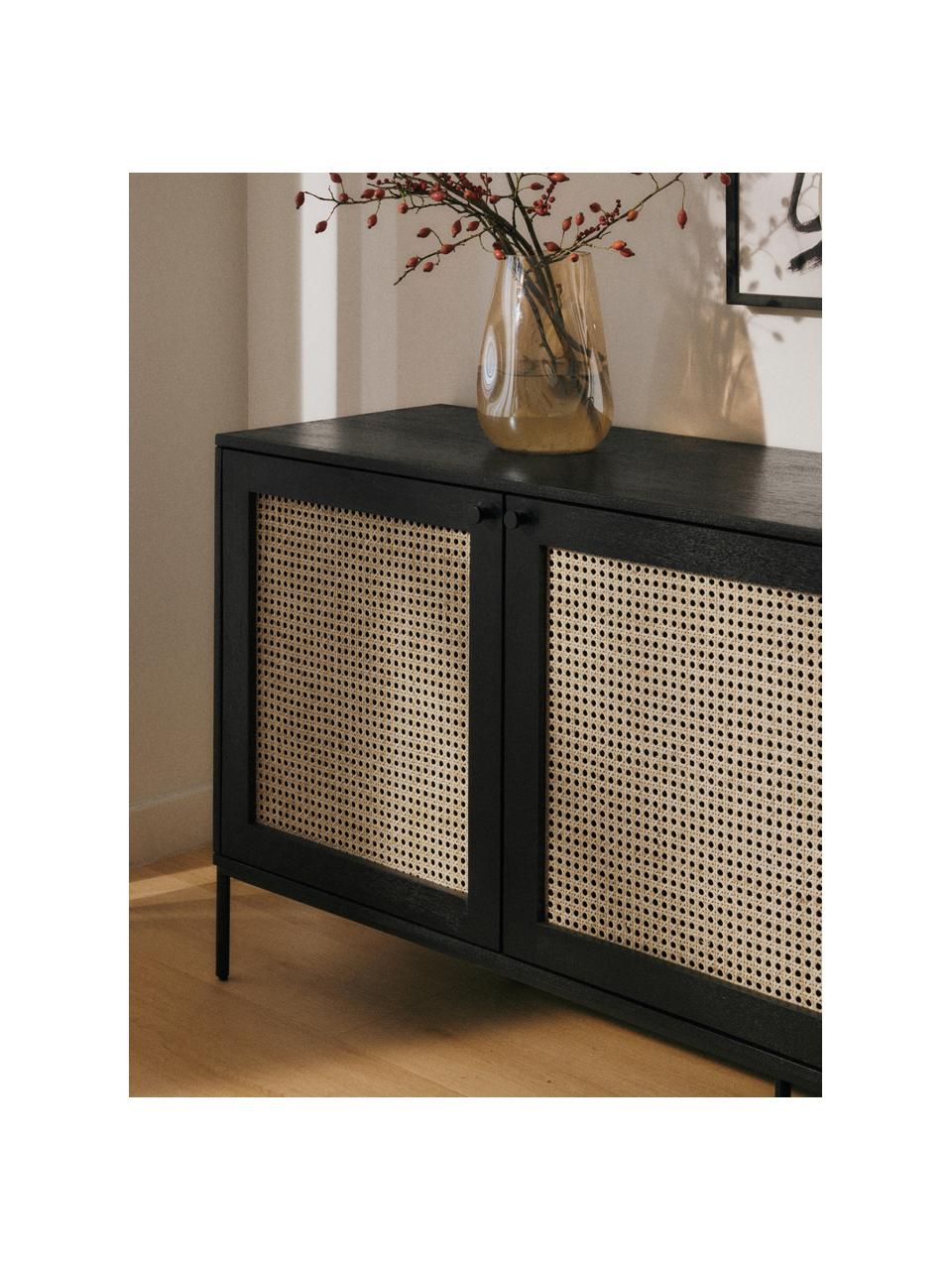 Dressoir Vienna met Weens vlechtwerk, Frame: massief gelakt mangohout, Poten: gepoedercoat metaal, Mangohout, zwart, B 165 x H 78 cm