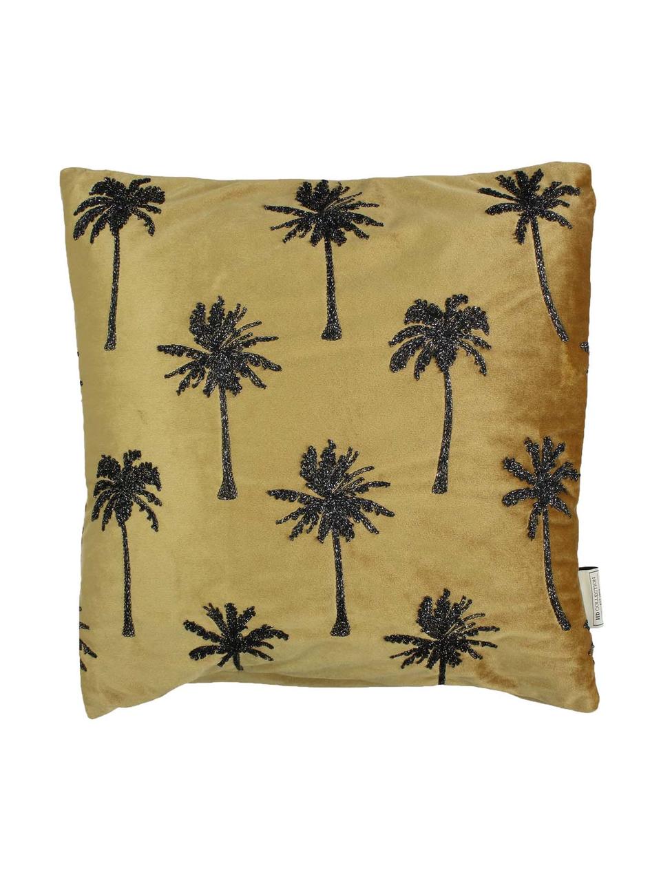 Geborduurd fluwelen kussen Palm Tree, met vulling, Fluweel, Goudkleurig, zwart, 45 x 45 cm