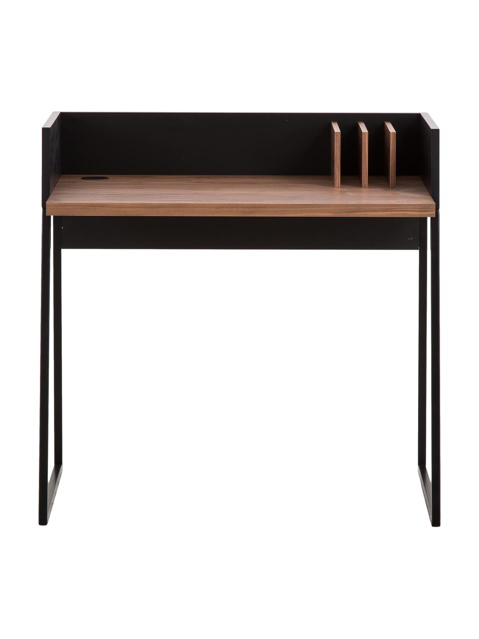 Klein bureau Camille met plank, Poten: gelakt metaal, Walnoothoutkleurig, zwart, B 90 x D 60 cm