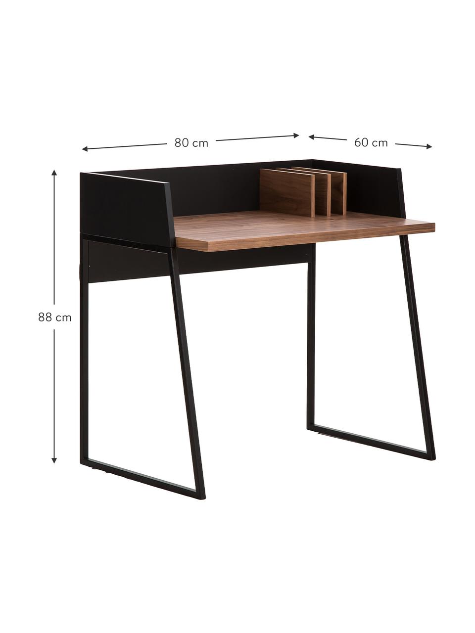 Klein bureau Camille met plank, Poten: gelakt metaal, Walnoothoutkleurig, zwart, B 90 x D 60 cm