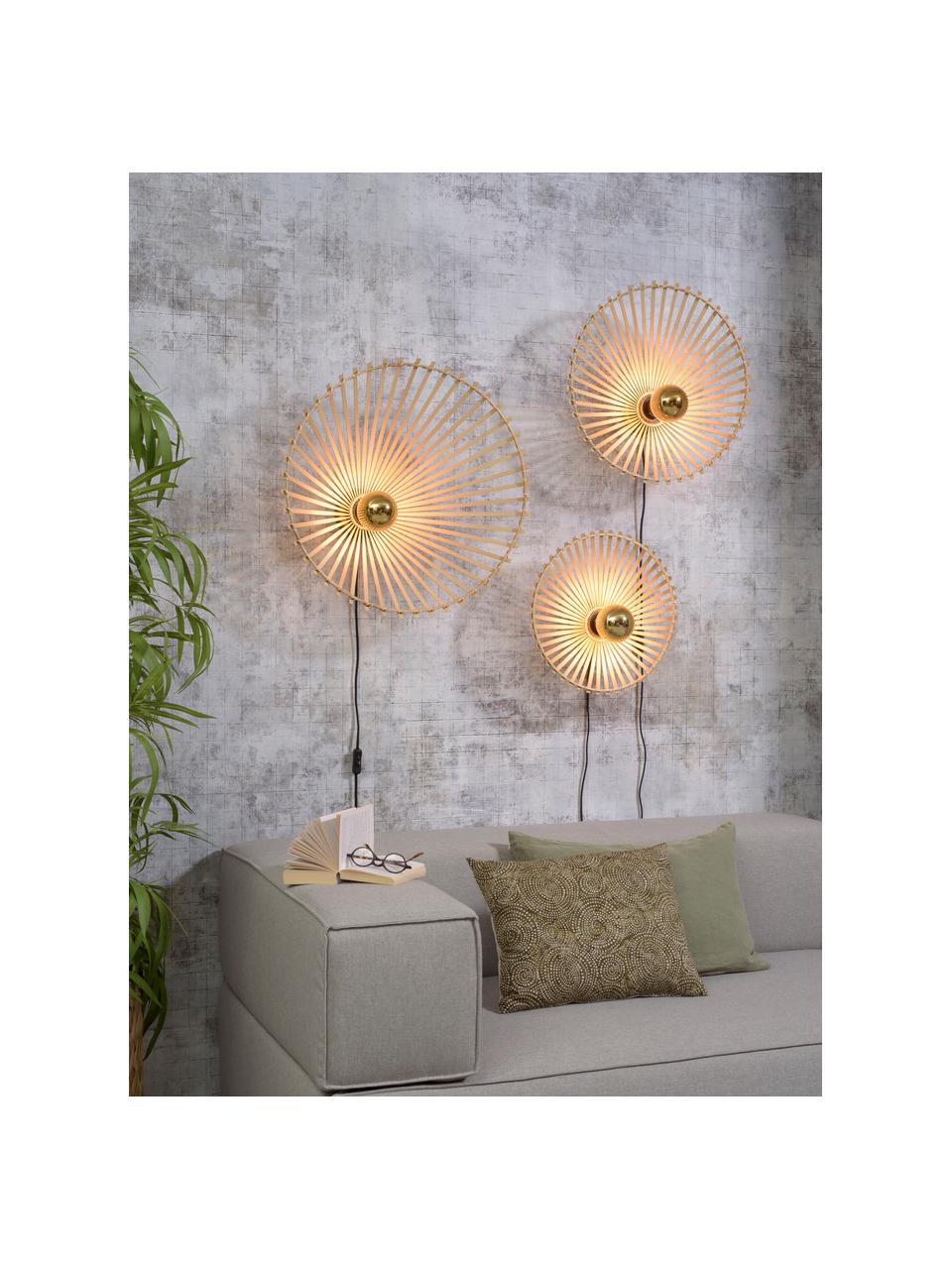 Grote wandlamp Bromo met stekker, Lampenkap: bamboe, Beige, zwart, Ø 40 cm