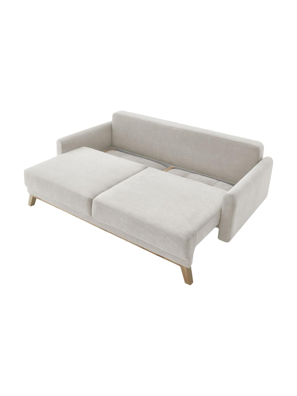 Sofa rozkładana z aksamitu z miejscem do przechowywania  Balio (3-osobowa), Tapicerka: 100% aksamit poliestrowy , Nogi: drewno naturalne, Aksamitny kremowy, S 216 x G 102 cm