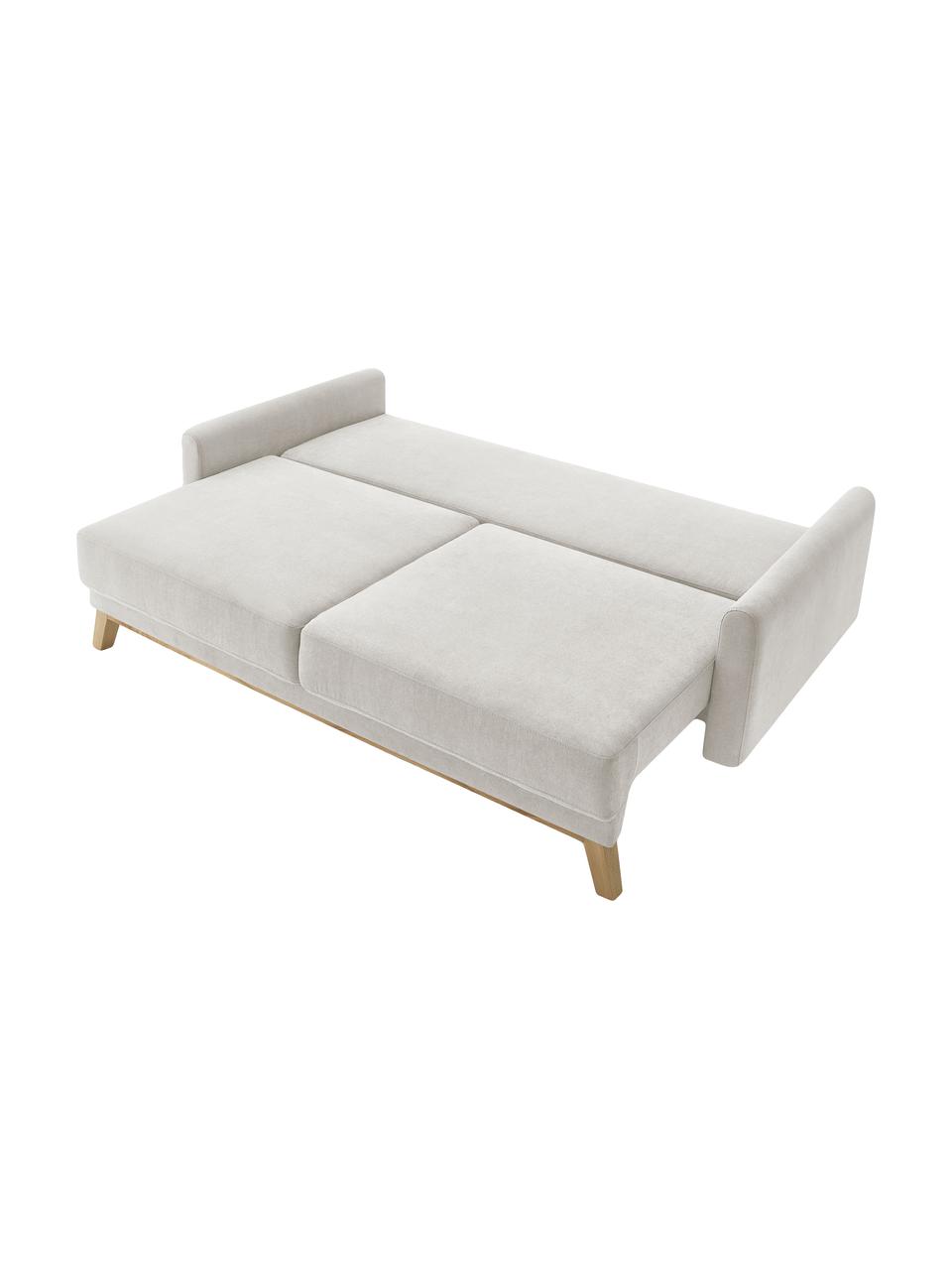 Sofa rozkładana z aksamitu z miejscem do przechowywania Balio (3-osobowa), Tapicerka: 100% aksamit poliestrowy , Nogi: drewno naturalne, Aksamitny kremowy, S 216 x G 102 cm