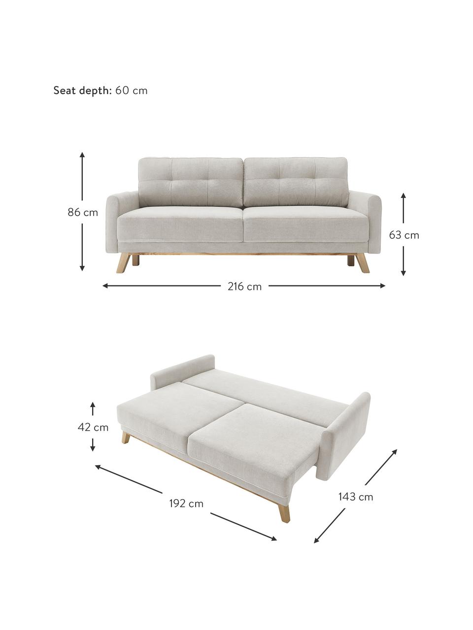 Divano letto 3 posti in velluto con contenitore Balio, Rivestimento: 100% velluto di poliester, Piedini: Legno, Velluto crema, Larg. 216 x Alt. 102 cm