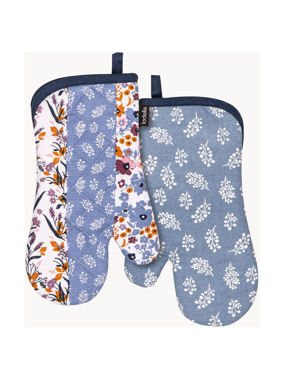 Set 2 guanti da forno con motivo floreale Homespun, 100% cotone, Blu, multicolore, Larg. 18 x Lung. 33 cm