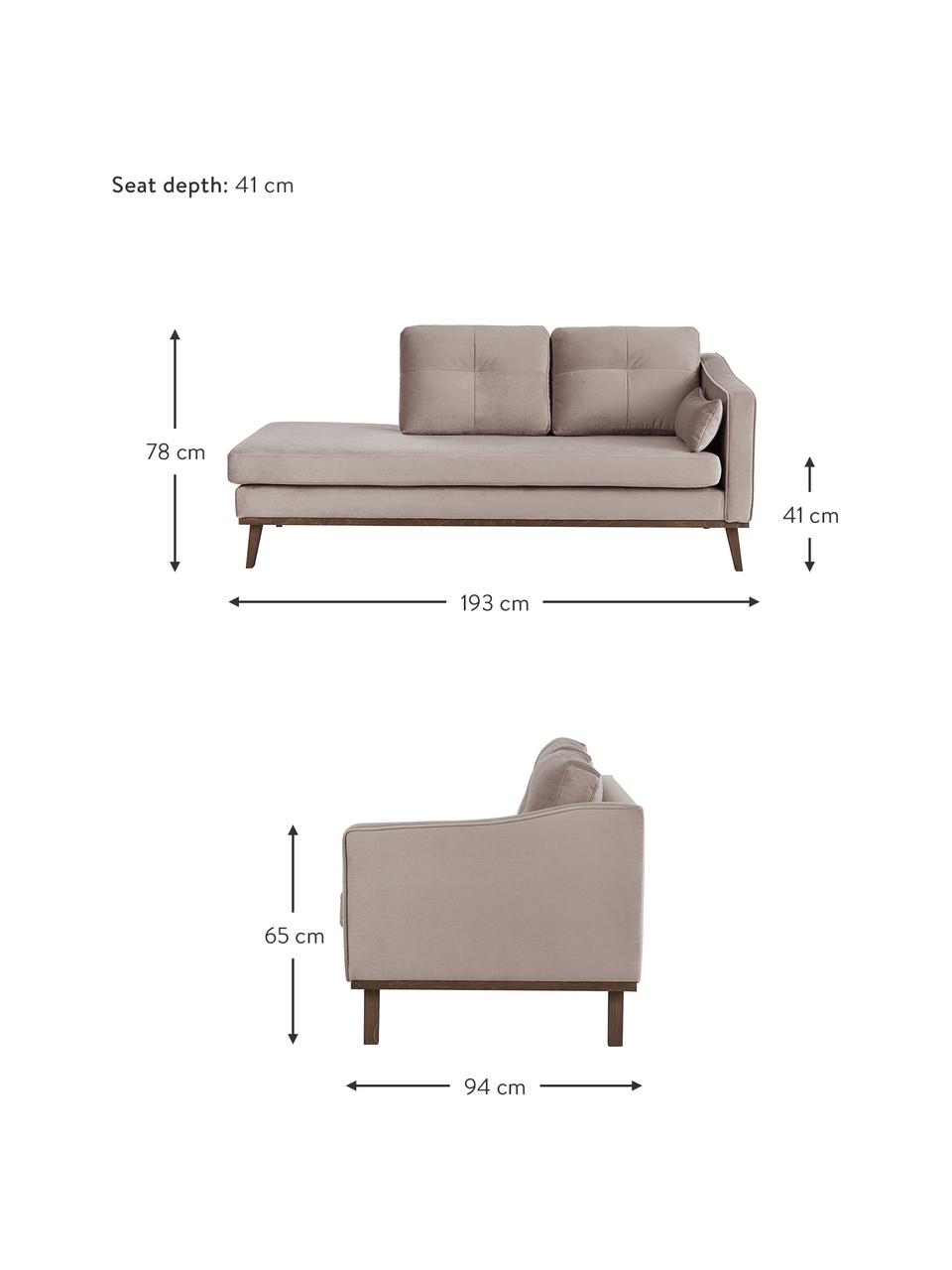 Fluwelen chaise longue Alva in taupe met beukenhout-poten, Bekleding: fluweel (hoogwaardig poly, Frame: massief grenenhout, Poten: massief gebeitst beukenho, Taupe, B 193 x D 94 cm