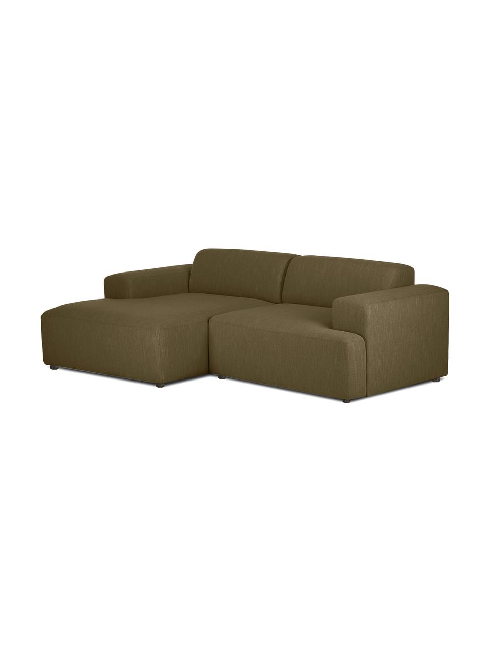 Hoekbank Melva (3-zits), Bekleding: 100% polyester Met 35.000, Frame: massief grenenhout, FSC-g, Poten: kunststof, Geweven stof olijfgroen, B 239 x D 143 cm, hoekdeel links