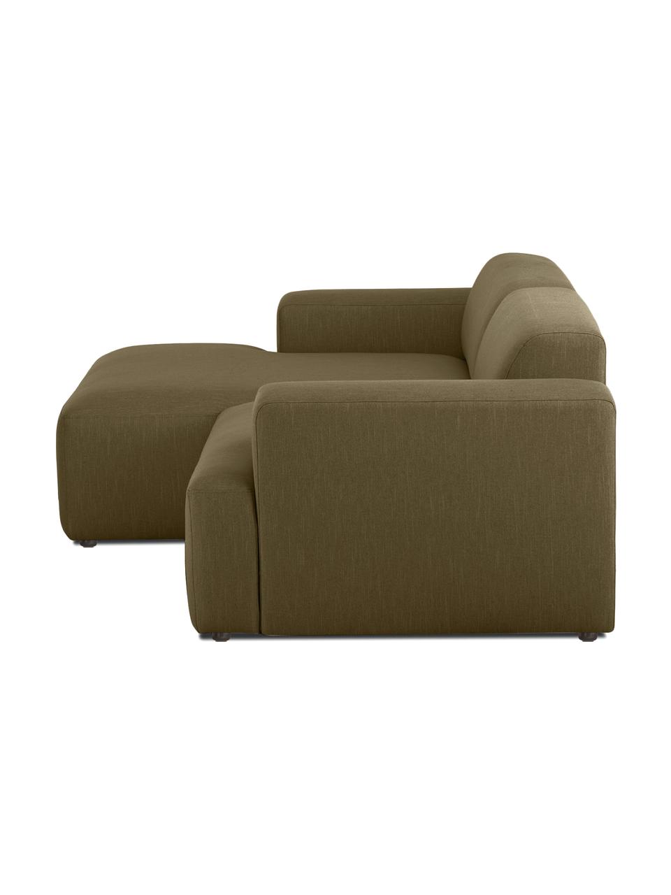 Divano angolare 3 posti Melva, Rivestimento: 100% poliestre Il rivesti, Struttura: pino massiccio, certifica, Tessuto verde oliva, Larg. 239 x Prof. 143 cm, chaise-longue a sinistra