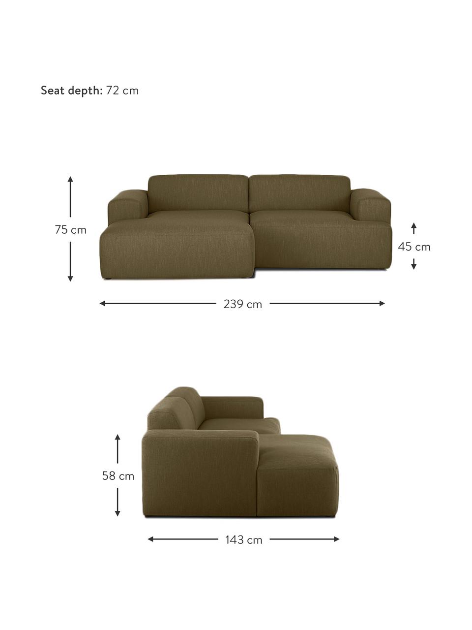 Canapé d'angle 3 places Melva, Tissu vert olive, larg. 239 x prof. 143 cm, méridienne à gauche