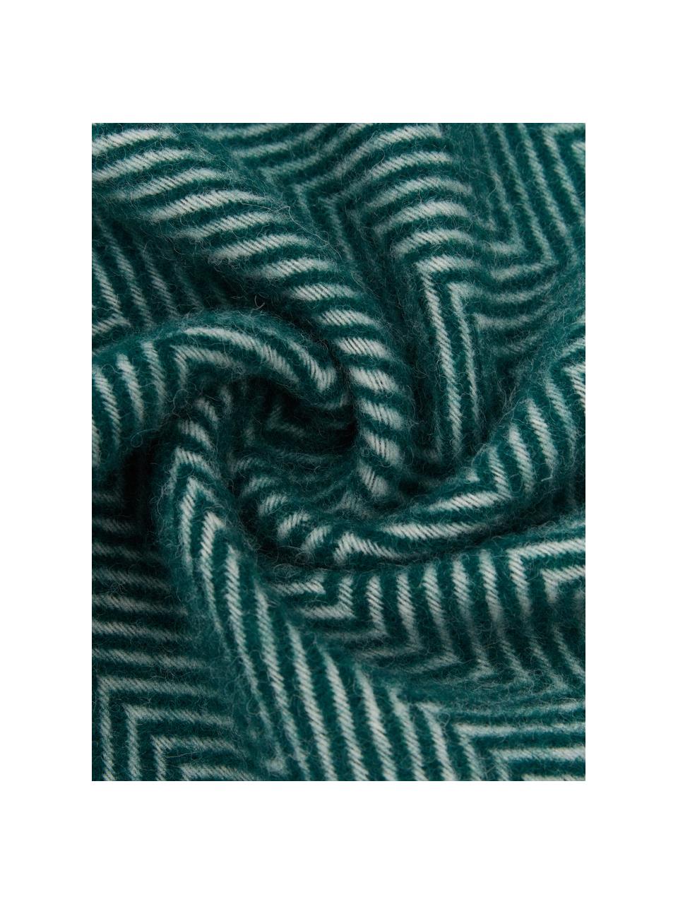 Coperta in lana con motivo a spina di pesce e frange Tirol-Mona, Verde scuro, Larg. 140 x Lung. 200 cm