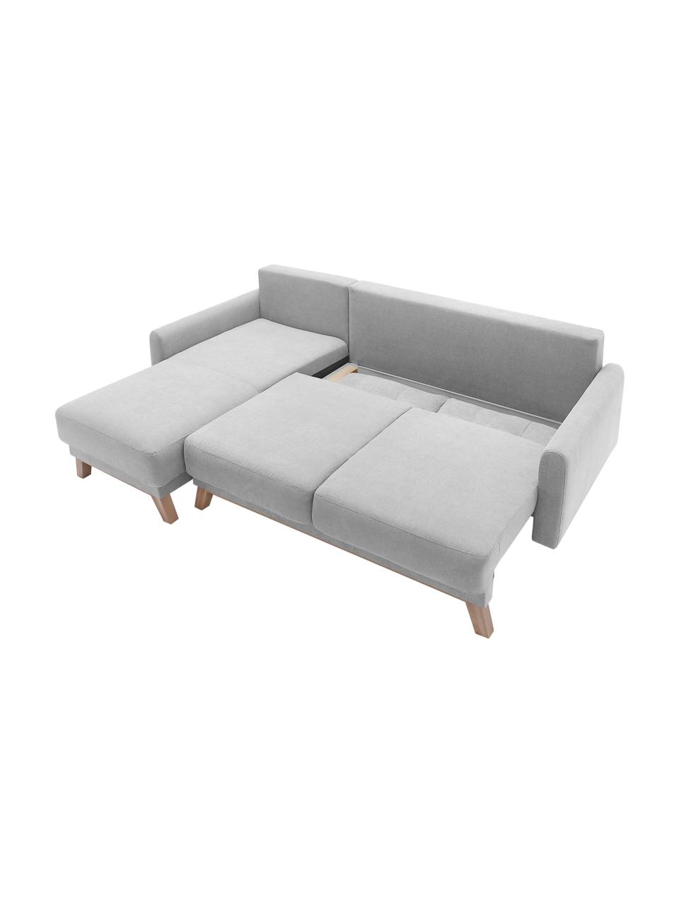 Fluwelen slaapbank Balio (3-zits) met opbergruimte, Bekleding: 100% polyester fluweel De, Frame: massief grenenhout, spaan, Poten: hout, Fluweel lichtgrijs, B 234 cm x D 164 cm (hoekdeel links)