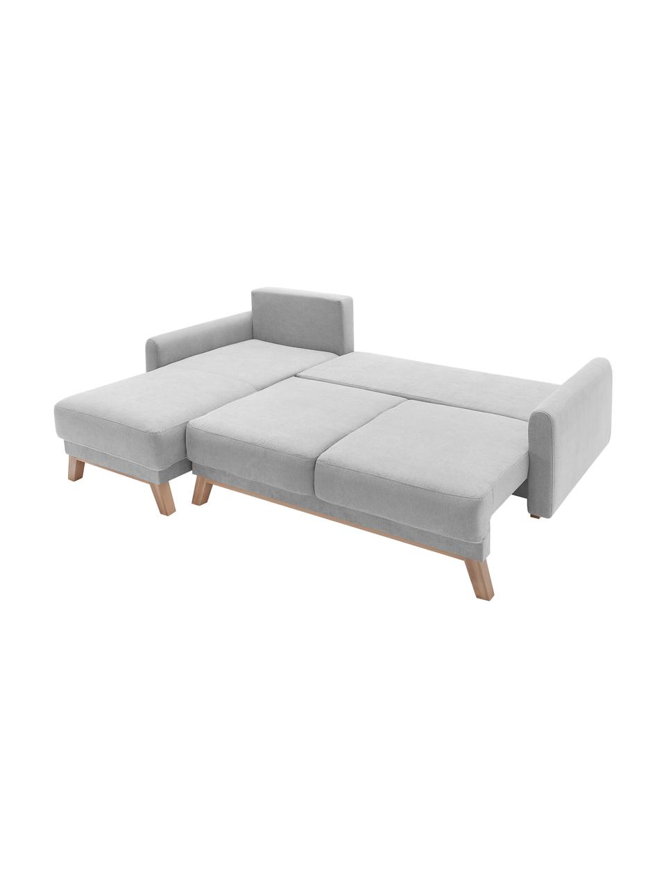 Divano angolare 3 posti in velluto con contenitore Balio, Rivestimento: 100% velluto di poliester, Piedini: Legno, Velluto grigio chiaro, Larg. 234 x Prof. 164 cm (chaise-longue a sinistra)