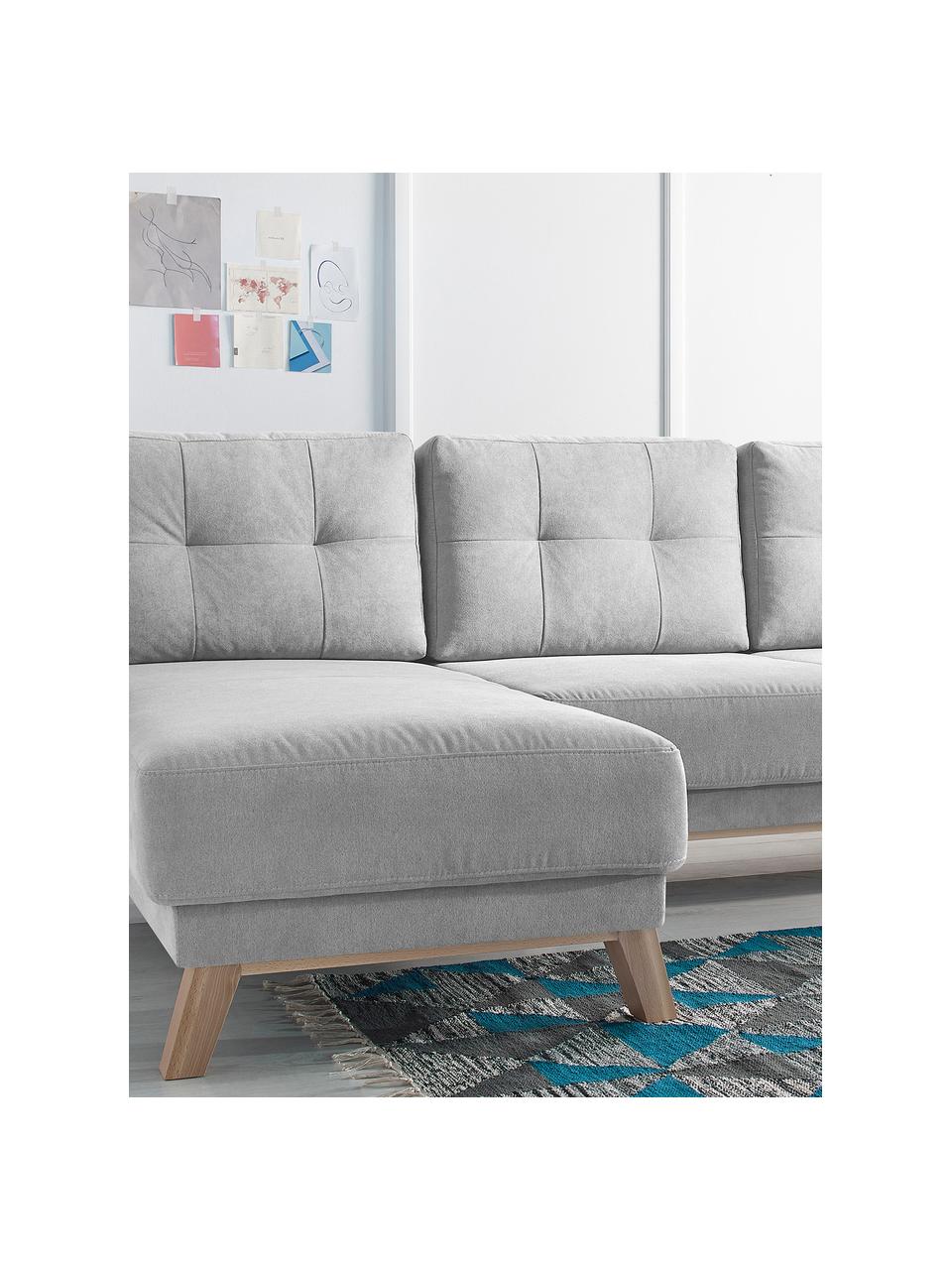 Divano angolare 3 posti in velluto con contenitore Balio, Rivestimento: 100% velluto di poliester, Piedini: Legno, Velluto grigio chiaro, Larg. 234 x Prof. 164 cm (chaise-longue a sinistra)