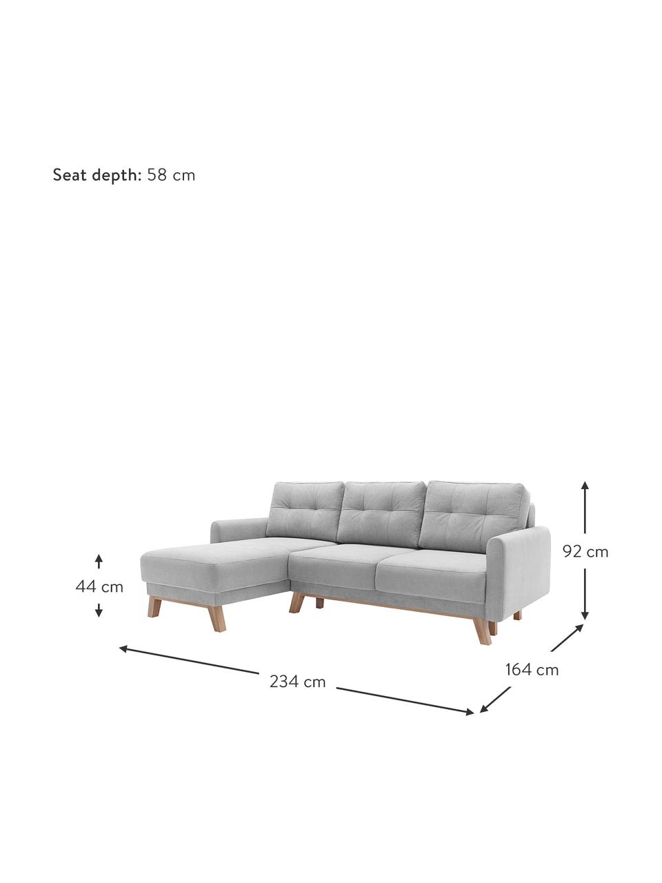 Divano angolare 3 posti in velluto con contenitore Balio, Rivestimento: 100% velluto di poliester, Piedini: Legno, Velluto grigio chiaro, Larg. 234 x Prof. 164 cm (chaise-longue a sinistra)