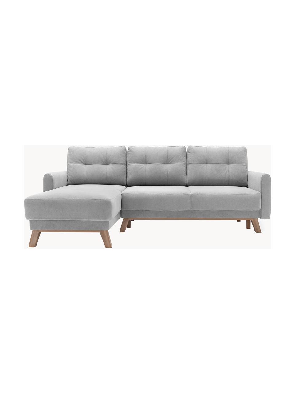 Divano angolare 3 posti in velluto con contenitore Balio, Rivestimento: 100% velluto di poliester, Piedini: Legno, Velluto grigio chiaro, Larg. 234 x Prof. 164 cm (chaise-longue a sinistra)