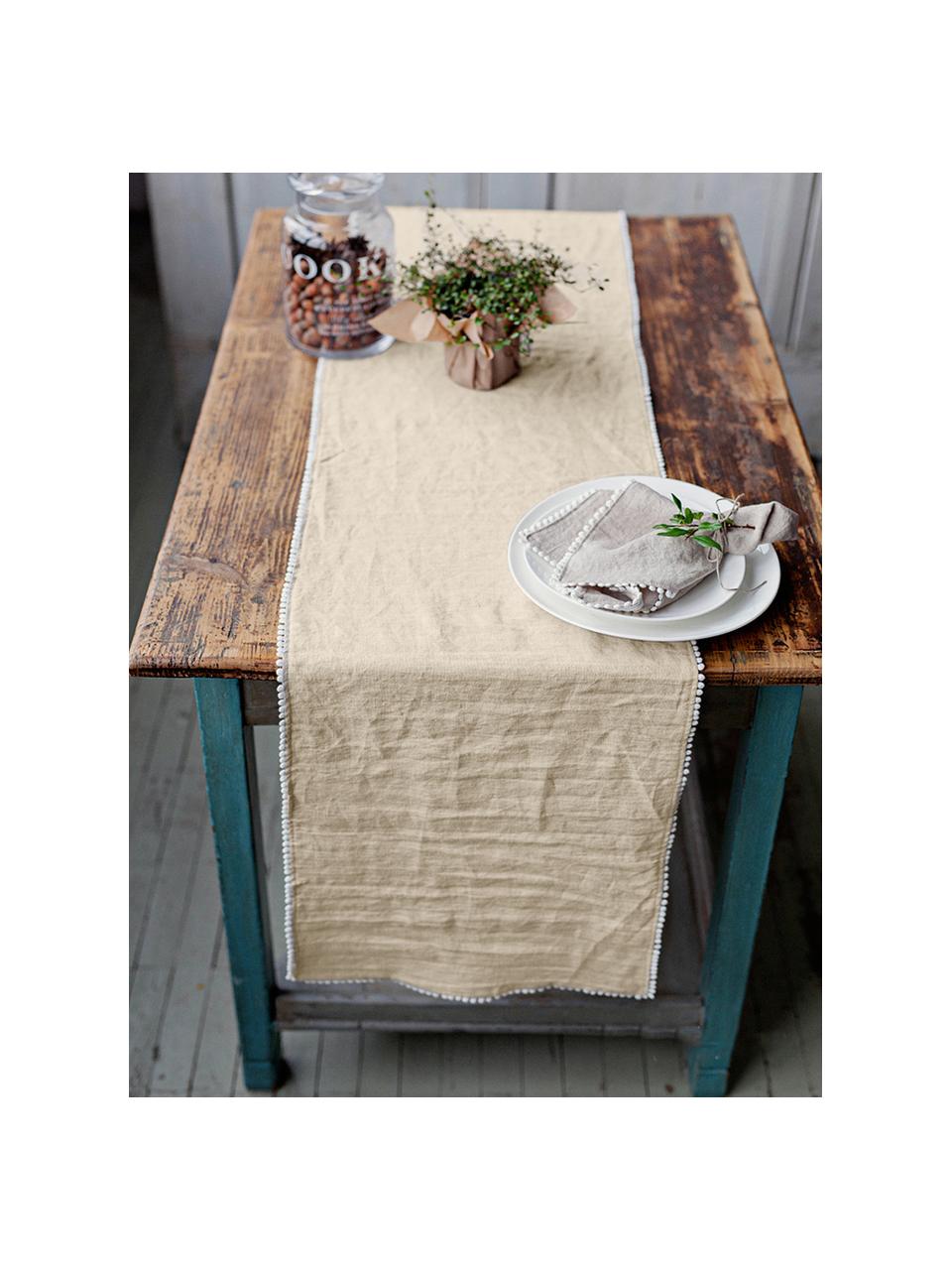 Chemin de table pur lin Pom Pom, Beige